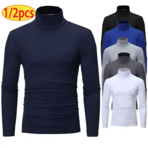 1/2pcs Autumn Winter Men's High Neck T-shirt Slim Fit Fashion High Elastic Long Sleeve Casual Breathable Apparel Pullover